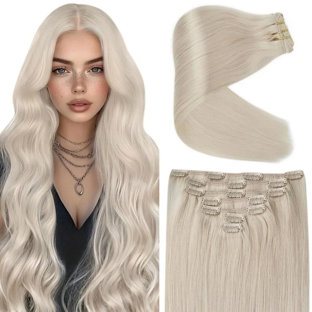 Clip in Hair Extensions Platinum Blonde Human Hair Clip in Extensions Straight H